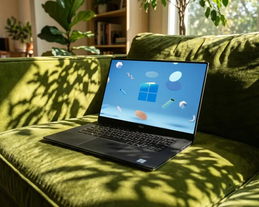 Modern Dell Laptop Mockup On Sofa For Creative Digital Workstation Presentation Template
