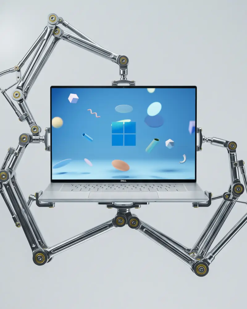 Advanced Robotic Articulated Arms Supporting Dell Laptop Mockup In Clean Minimalist Style