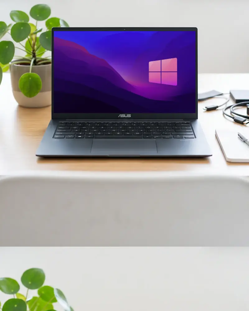 Sleek Modern Asus Laptop Mockup On Wooden Desk Surrounded By Office Accessories And Green Plant