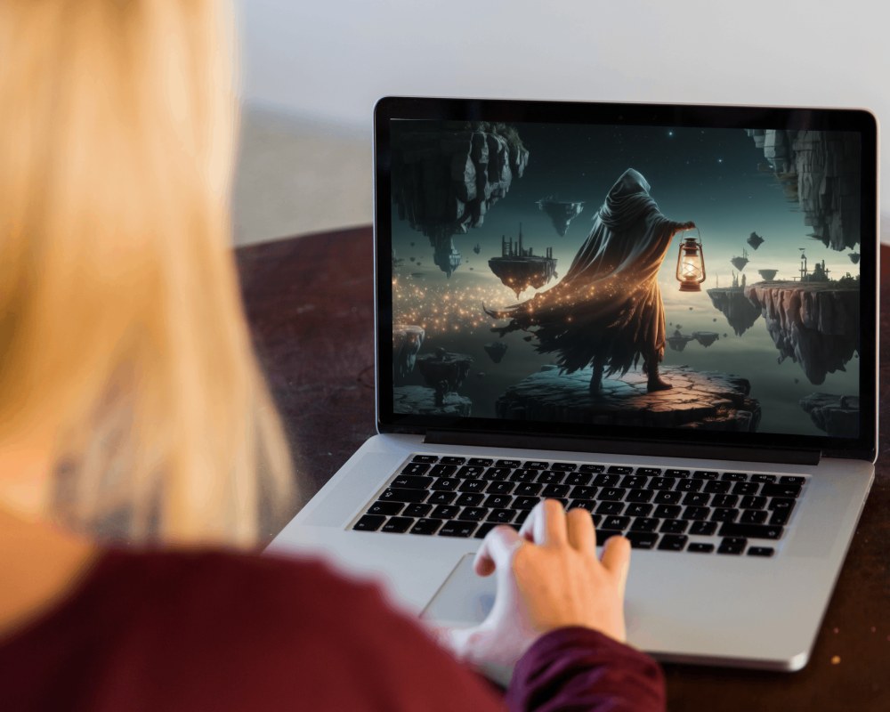 Desktop Monitor Mockup With Vibrant Keyboard And Accessories In Office Cubicle