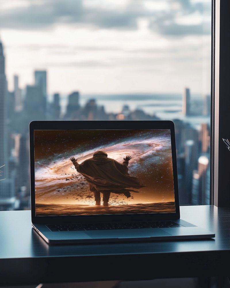 City View Office Laptop Mockup Modern Workspace With Skyline And Glass Window Backdrop 0100