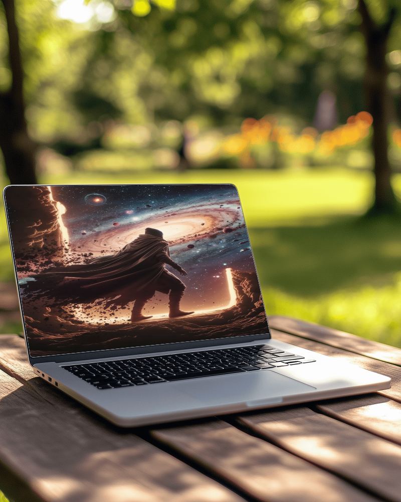 Outdoor Park Laptop Mockup Side View Wooden Table Greenery Background 0102