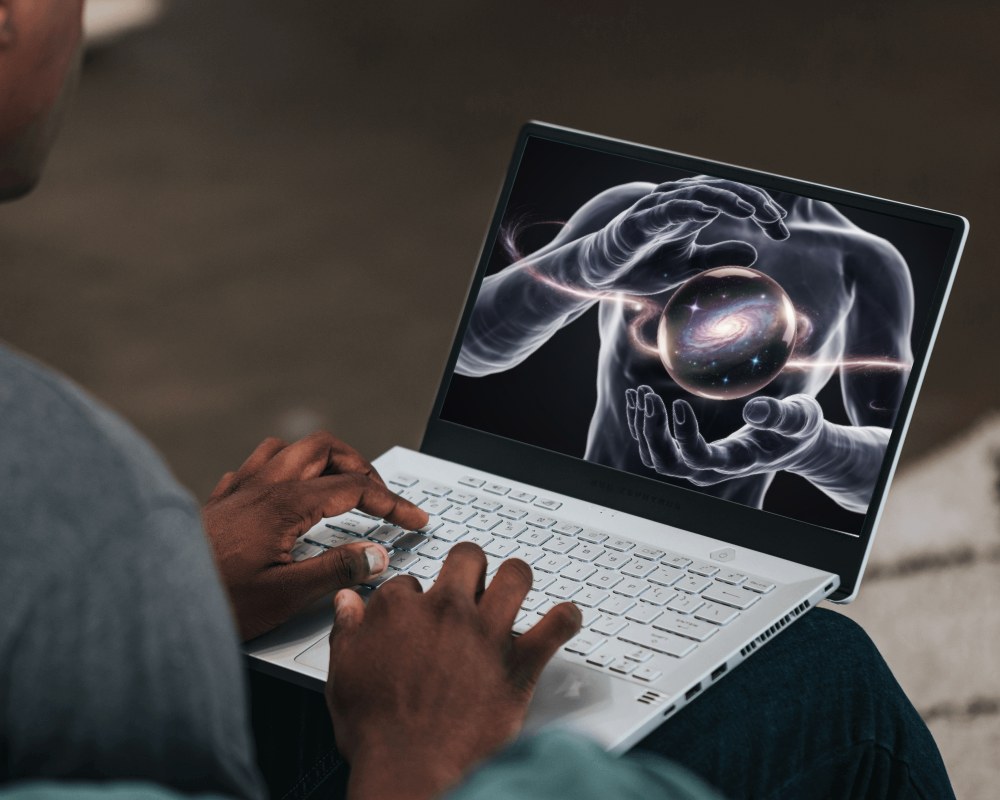 Compact Laptop Mockup On Lap In Relaxed Setup With Ambient Light