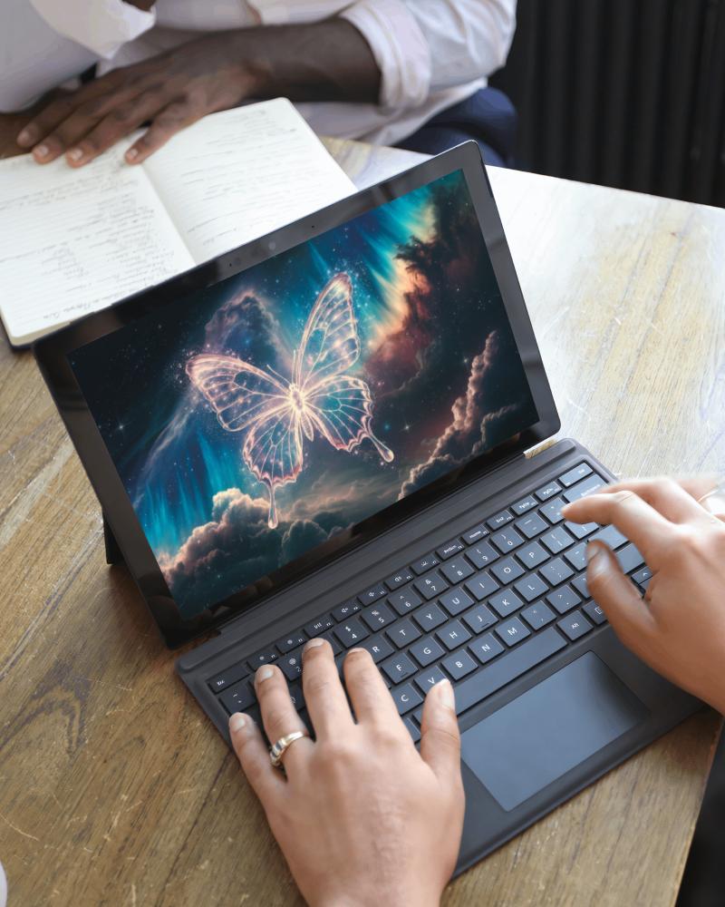 Tablet Laptop Mockup With Keyboard In Collaborative Office Setting