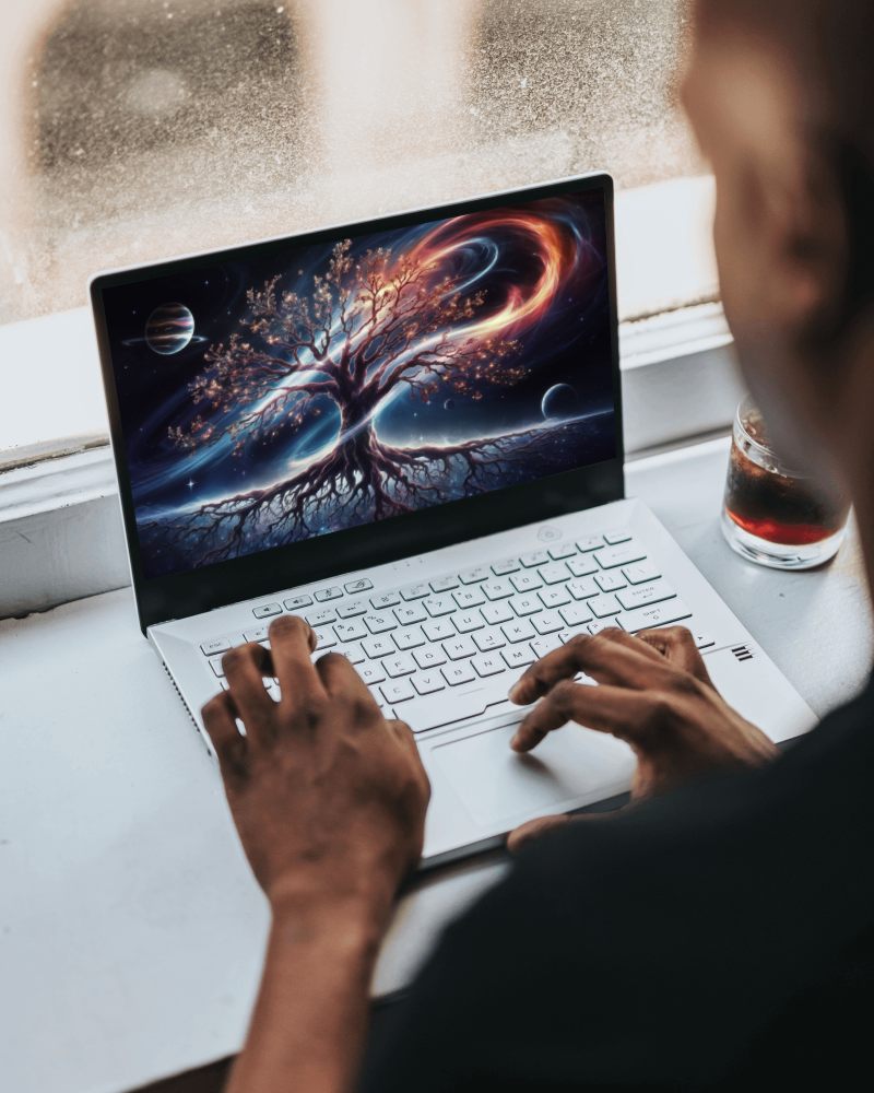 Laptop Mockup Near Window With User Typing And Drink On Side