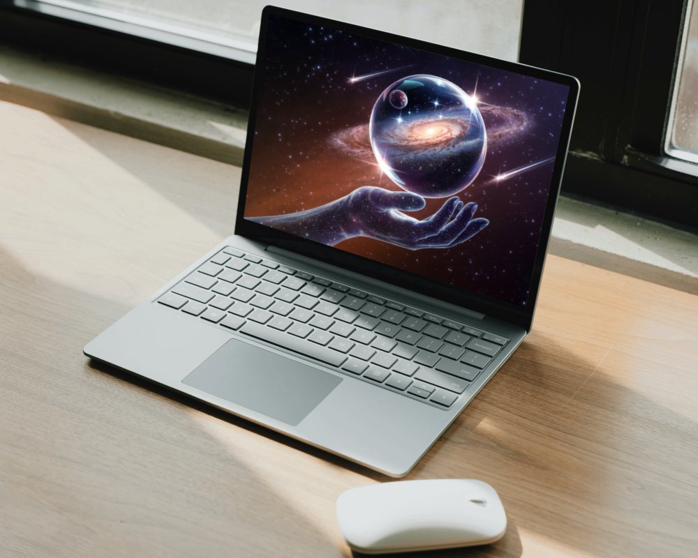 Minimal Laptop Mockup On Desk With Wireless Mouse And Sunlight