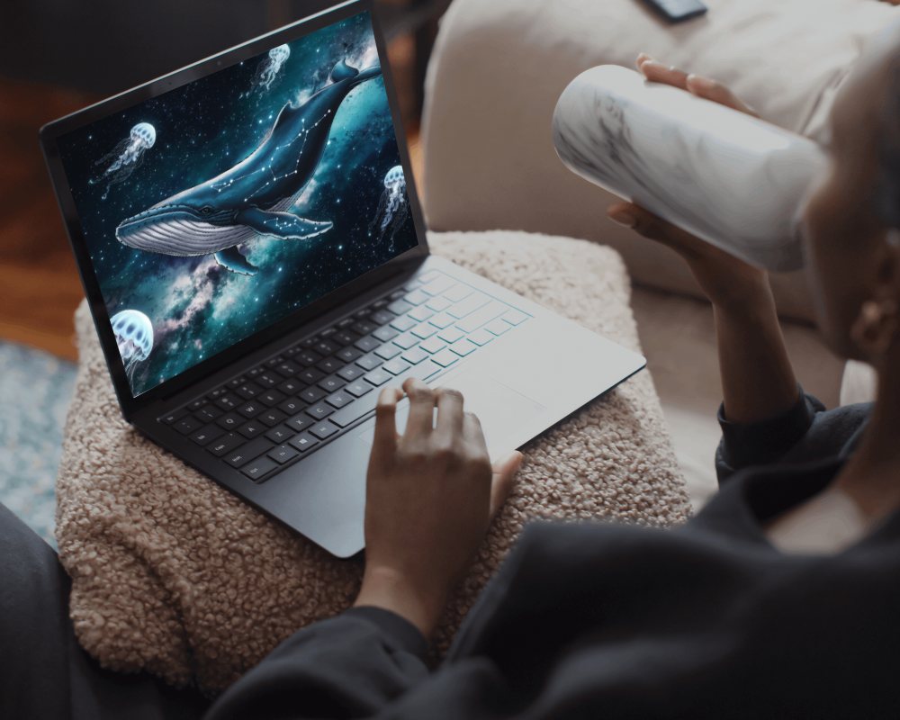 Laptop Mockup On Lap With Cozy Blanket And Coffee Mug