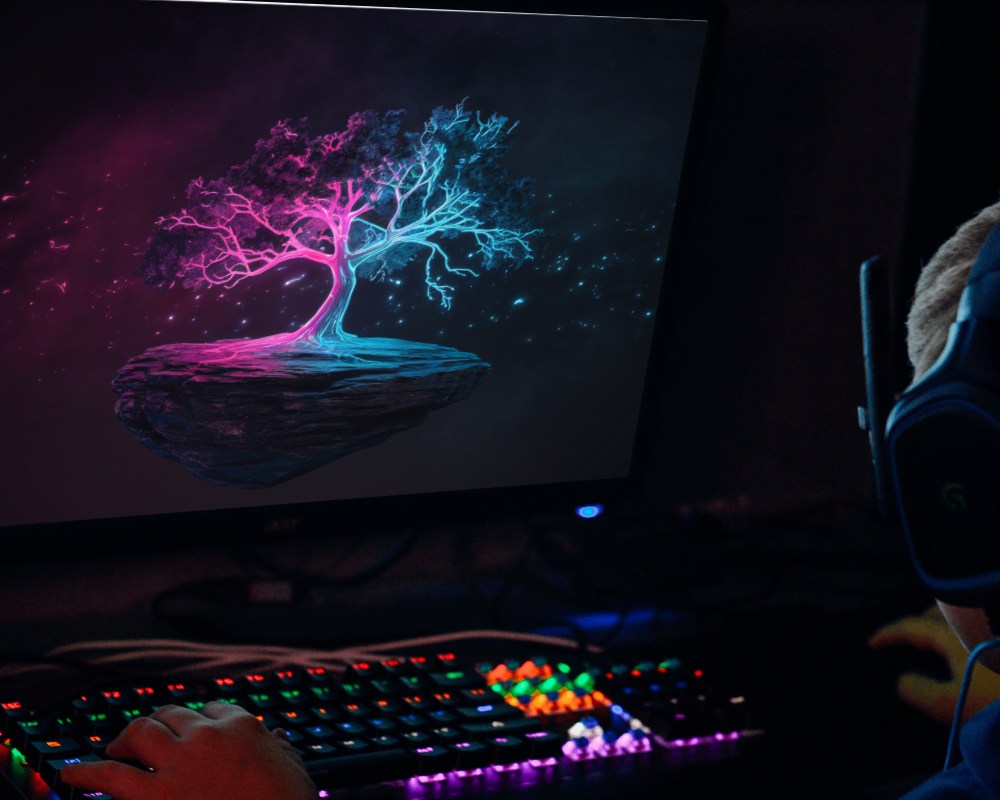 Window Display Mockup With Glowing Keyboard In Dark Gaming Setup