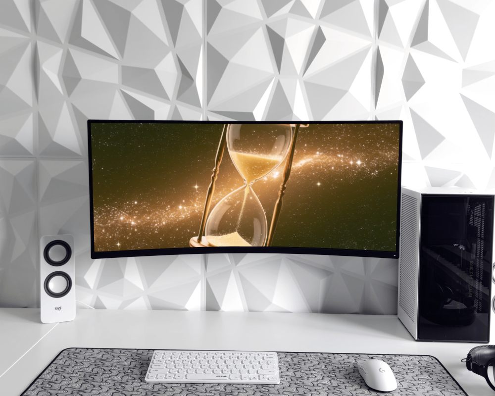 Ultrawide Window Display Mockup On Minimalist Desk With Geometric Wall Backdrop