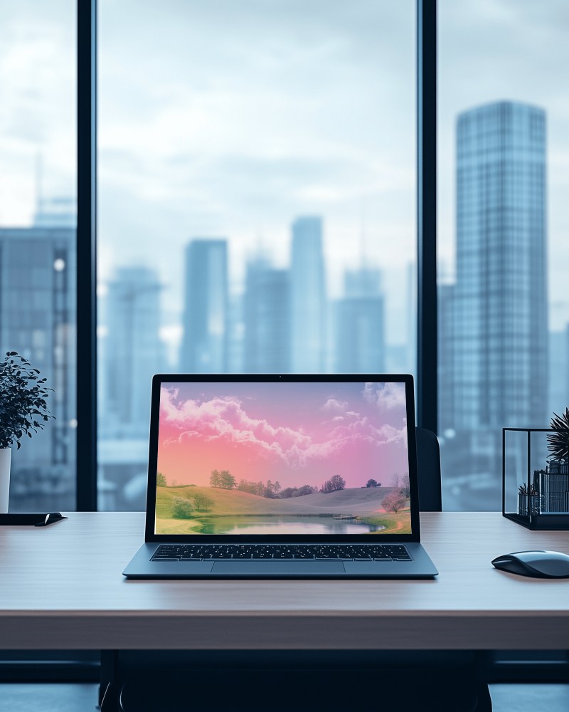 Modern Office Laptop Mockup Cityscape View Minimalistic Design Calm Professional Setting 022