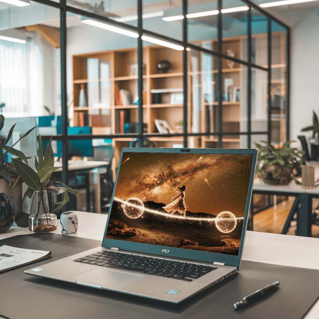 Open Space Office Laptop Mockup Desk With Plants Modern And Creative Work Environment 023