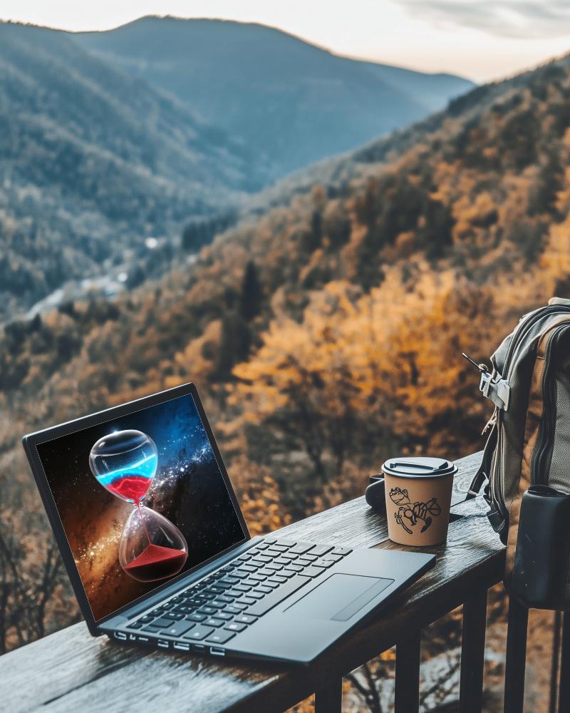 Mountain Retreat Laptop Mockup Outdoor Desk With Backpack And Coffee Cup Serene Nature Setting 024