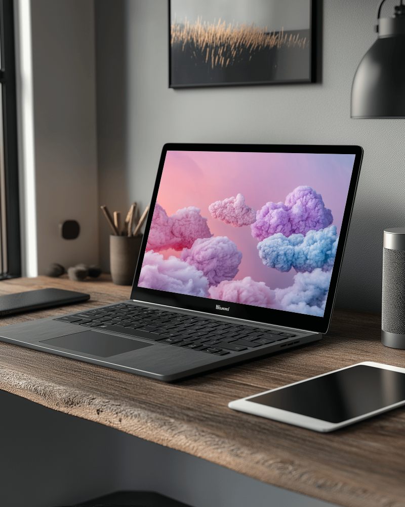 Modern Home Office Laptop Mockup Natural Wooden Desk With Minimalist Accessories Cozy Ambiance 025