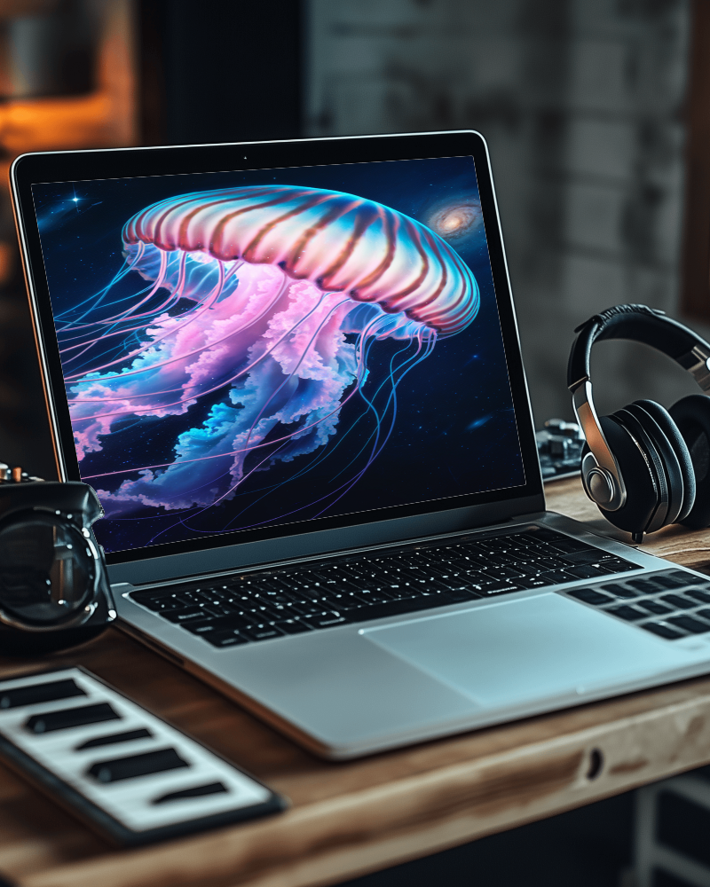 Dim Lit Studio Laptop Mockup On Wooden Table With Headphones And Keyboard In Modern Creative Setup 031