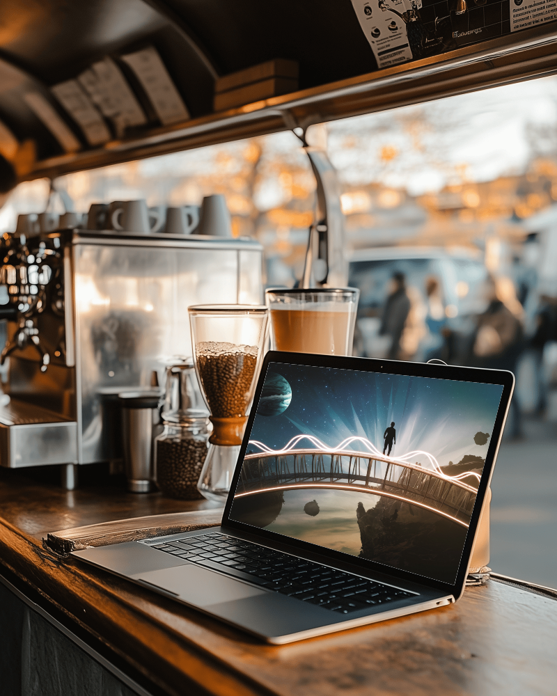 Coffee Shop Laptop Mockup On Countertop With Beverages And Café Ambience Cozy And Energetic Setting 036