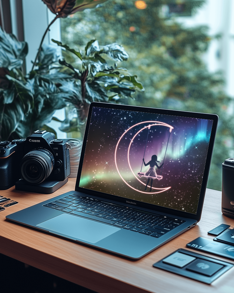 Creative Photographer Desk Laptop Mockup With Camera Gear And Greenery In A Natural Ambiance 038