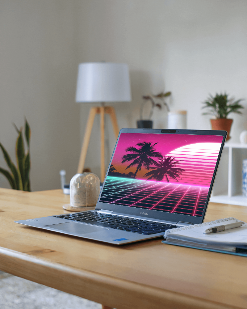 Minimalist Home Office Laptop Mockup Wooden Desk Indoor Plants Soft Natural Lighting Cozy Setup 040