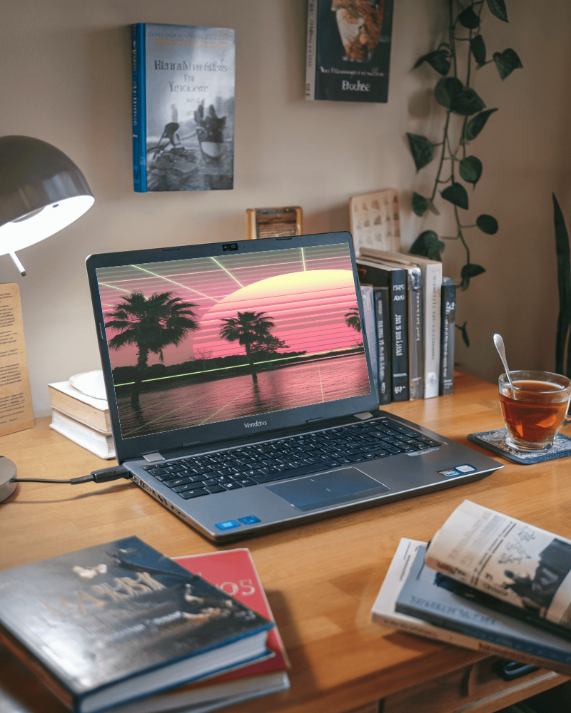 Cozy Study Laptop Mockup Desk With Books Tea And Lamp Warm Lighting Home Library Vibe 041