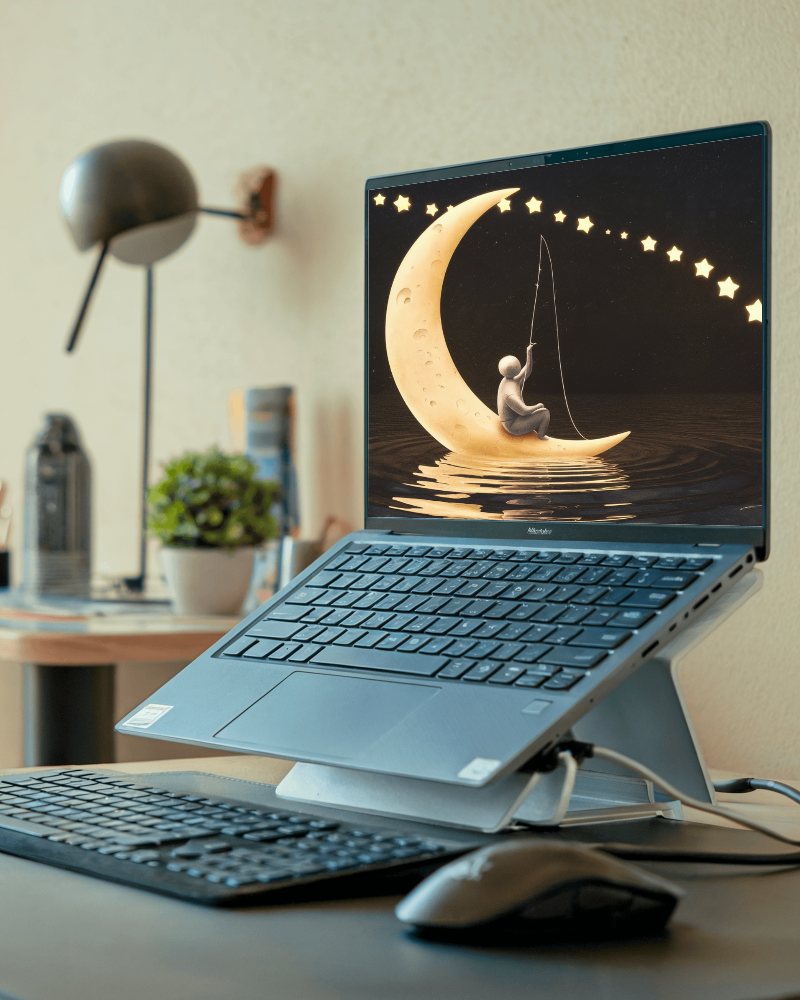 Ergonomic Desk Laptop Mockup On Stand With Keyboard And Mouse Minimalist Workstation Design