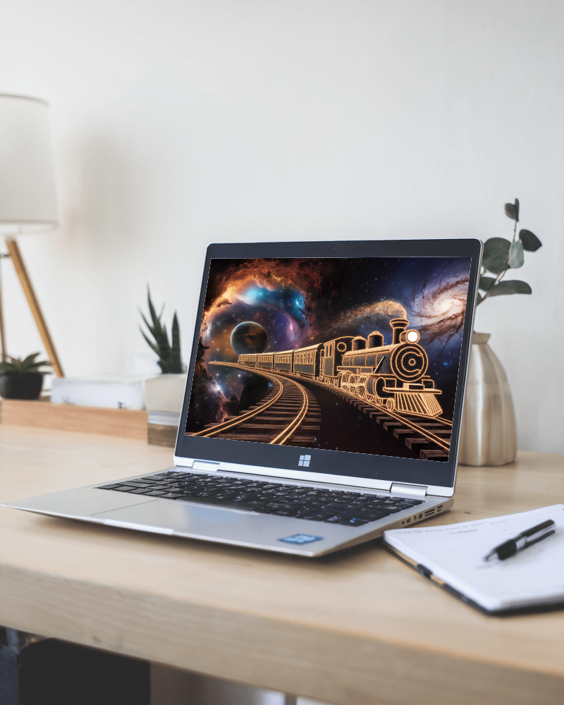 Sunlit Interior Laptop Mockup Modern Workspace With Open Notebook And Pen On Wooden Desk Cozy And Minimalist Setup 043