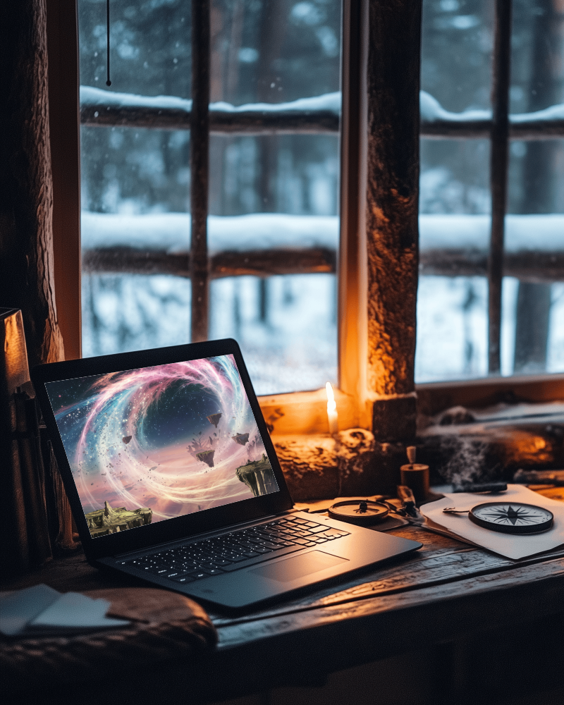 Rustic Winter Laptop Mockup In Cabin With Candlelight And Snowy Forest View Cozy And Adventurous Ambience 045