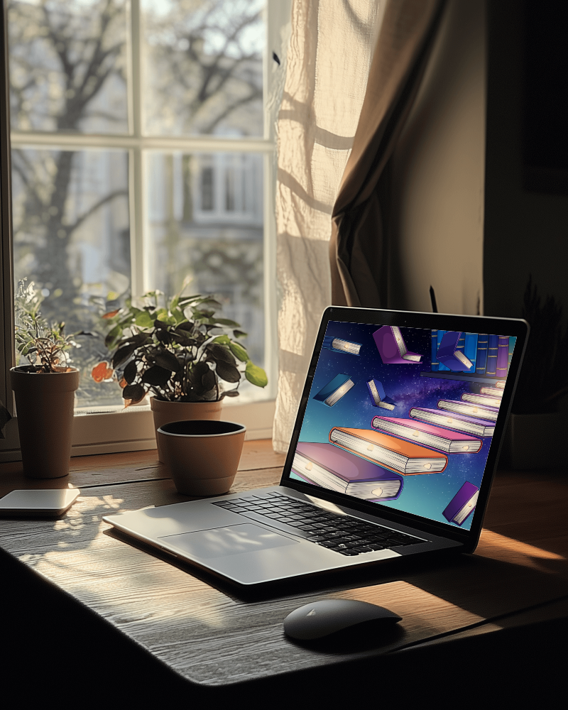 Cozy Window Desk Laptop Mockup Warm Sunlight Wooden Surface Potted Plants And Flowing Curtains 047