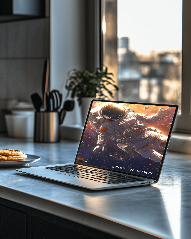 Sunlit Kitchen Laptop Mockup Modern Countertop Cozy Morning Lighting 050