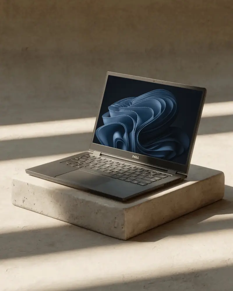 High Quality Tech Mockup Laptop Dell Positioned On Simple Stand Ready For Digital Content