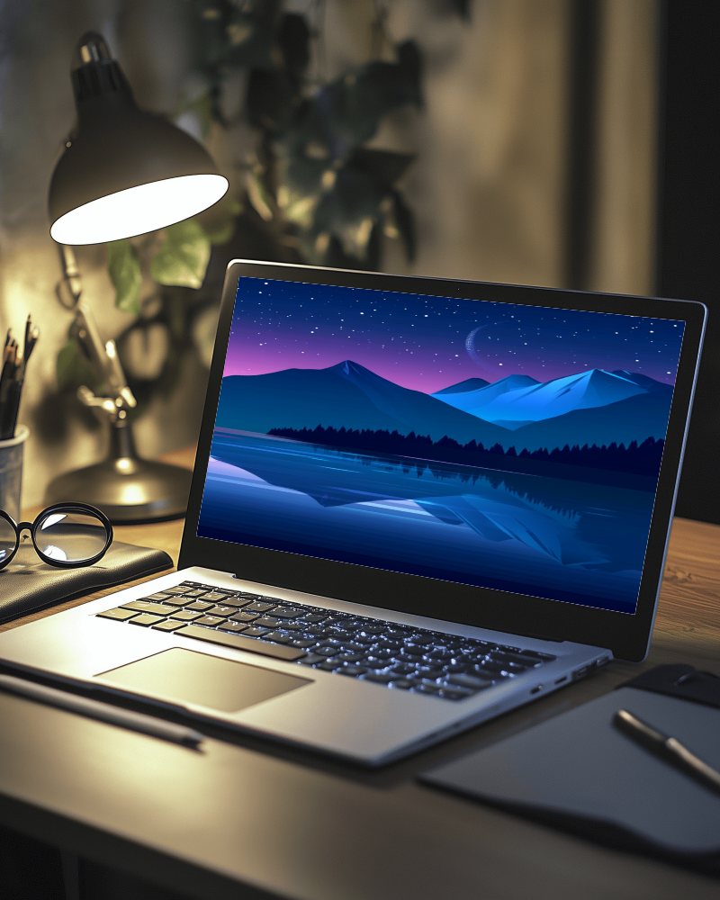 Moody Workspace Laptop Mockup Warm Desk Lighting Cozy And Focused Ambience 054