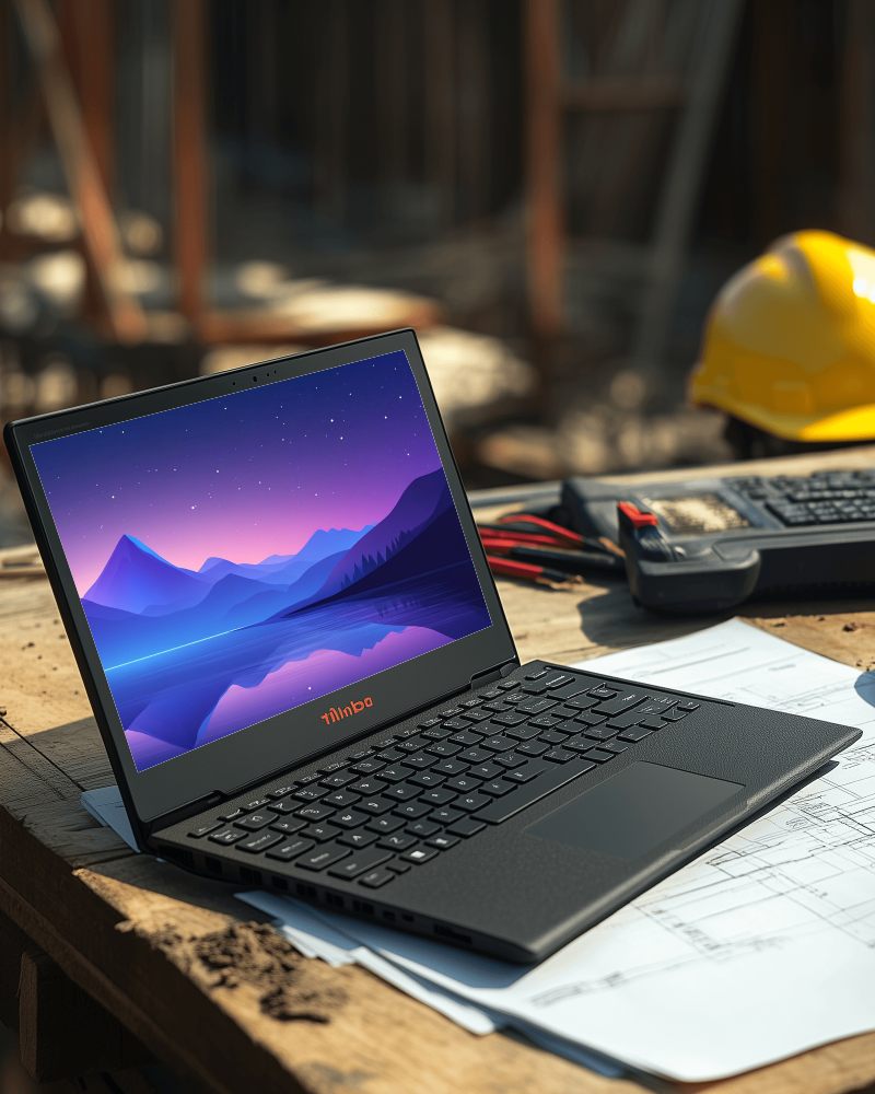 Construction Site Laptop Mockup On Wooden Table With Blueprints And Tools Industrial And Professional Ambience 055