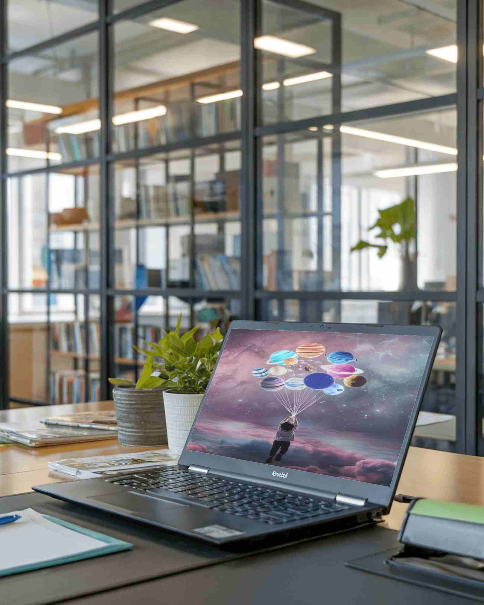 Modern Office Laptop Mockup On Meeting Table With Glass Partitions And Bookshelves Professional And Organized Ambience 056