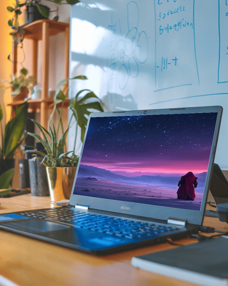 Creative Workspace Laptop Mockup On Wooden Desk With Greenery And Whiteboard Ideas And Inspiration Ambience 057