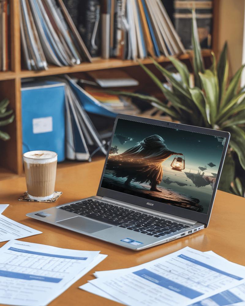 Academic Workspace Laptop Mockup On Desk With Books Documents And Coffee Productive And Scholarly Ambience 058