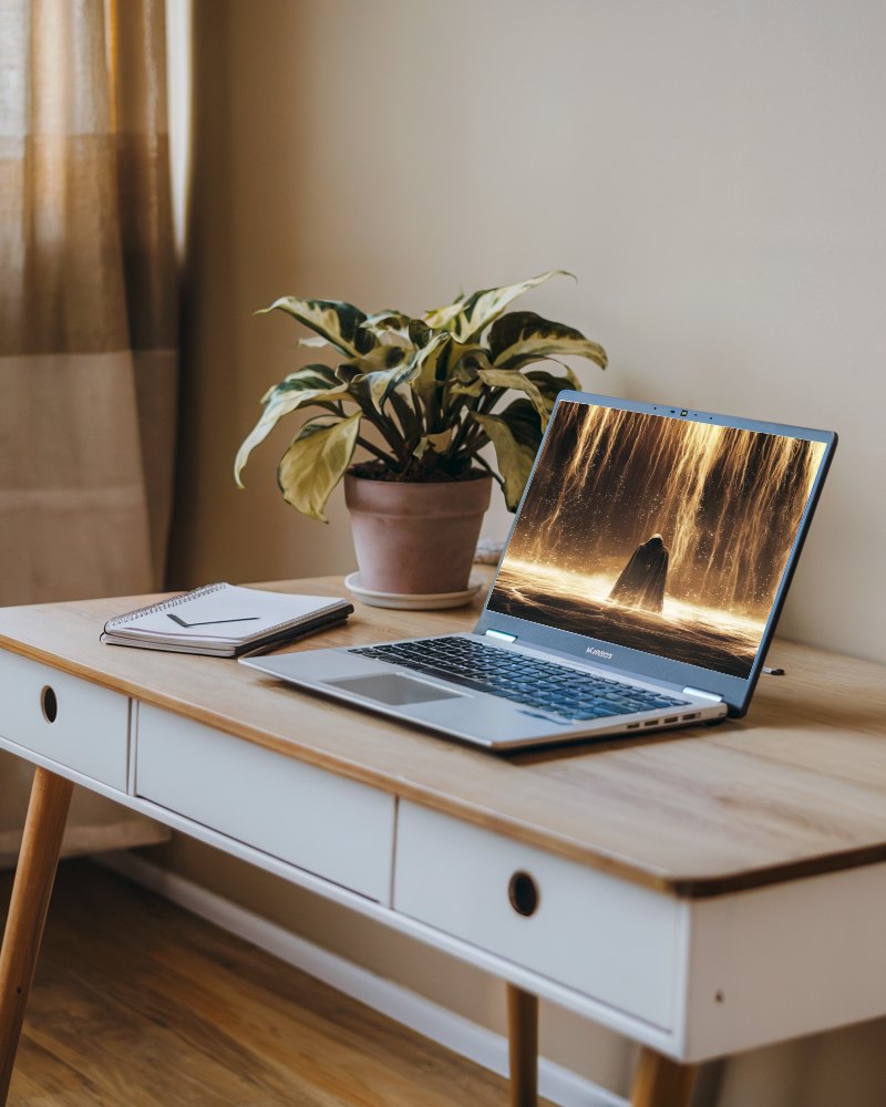 Minimalist Home Office Laptop Mockup On Wooden Desk With Plant Cozy And Productive Workspace 059
