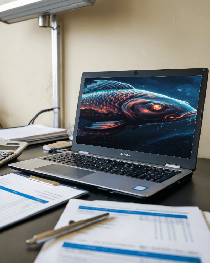 Corporate Desk Laptop Mockup Laptop On Professional Workstation With Financial Documents And Calculator 060