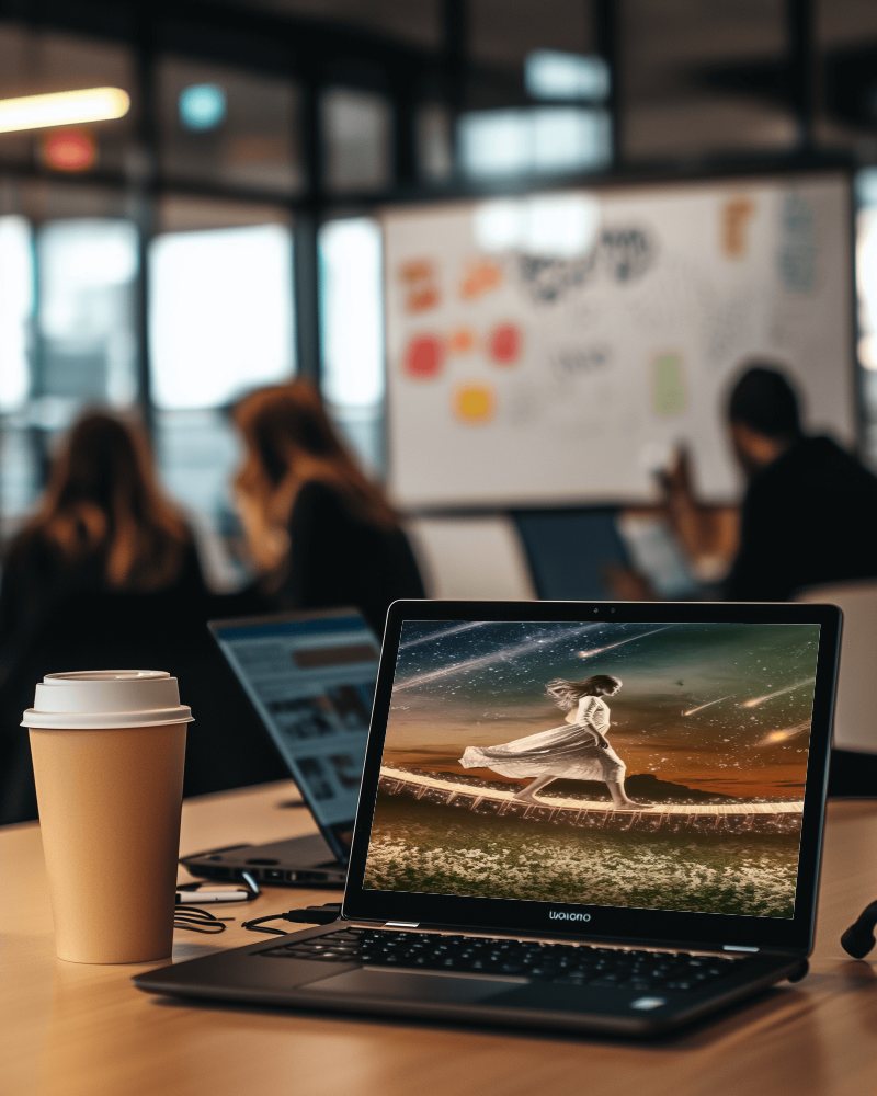 Modern Office Laptop Mockup Open Screen Showcasing Custom Design Collaborative Workspace Ambience 062
