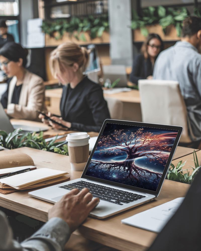 Collaborative Office Laptop Mockup Modern Coworking Space Greenery Productive Environment 072