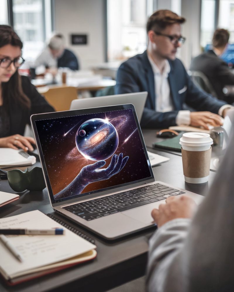 Busy Modern Office Laptop Mockup Professional Workspace Coffee And Collaboration Productive Atmosphere 073