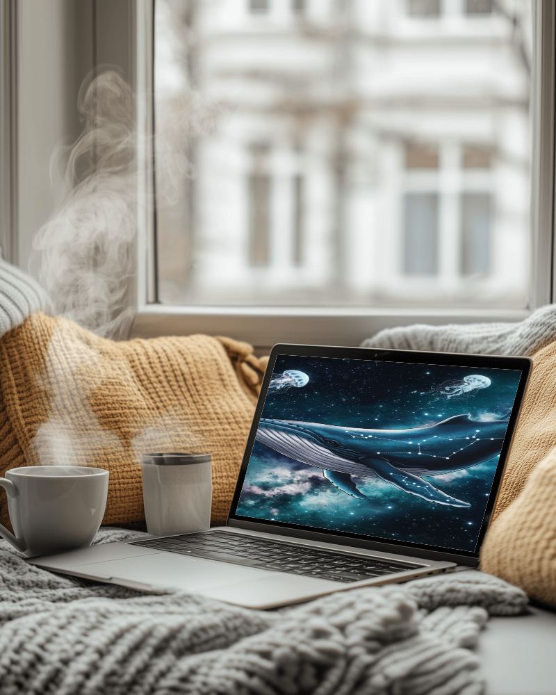 Cozy Window Nook Laptop Mockup Steaming Coffee Knit Blankets Warm And Relaxing Vibes 075