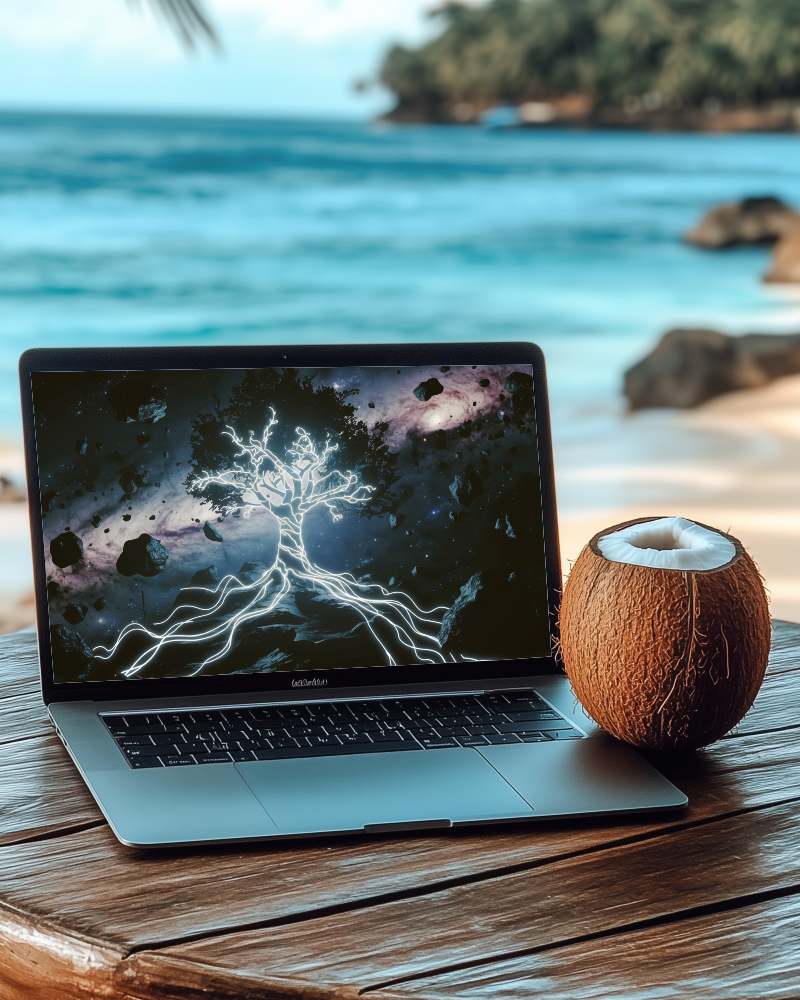 Beachfront Laptop Mockup Coconut Drink Relaxed Tropical Remote Work Vibes 076