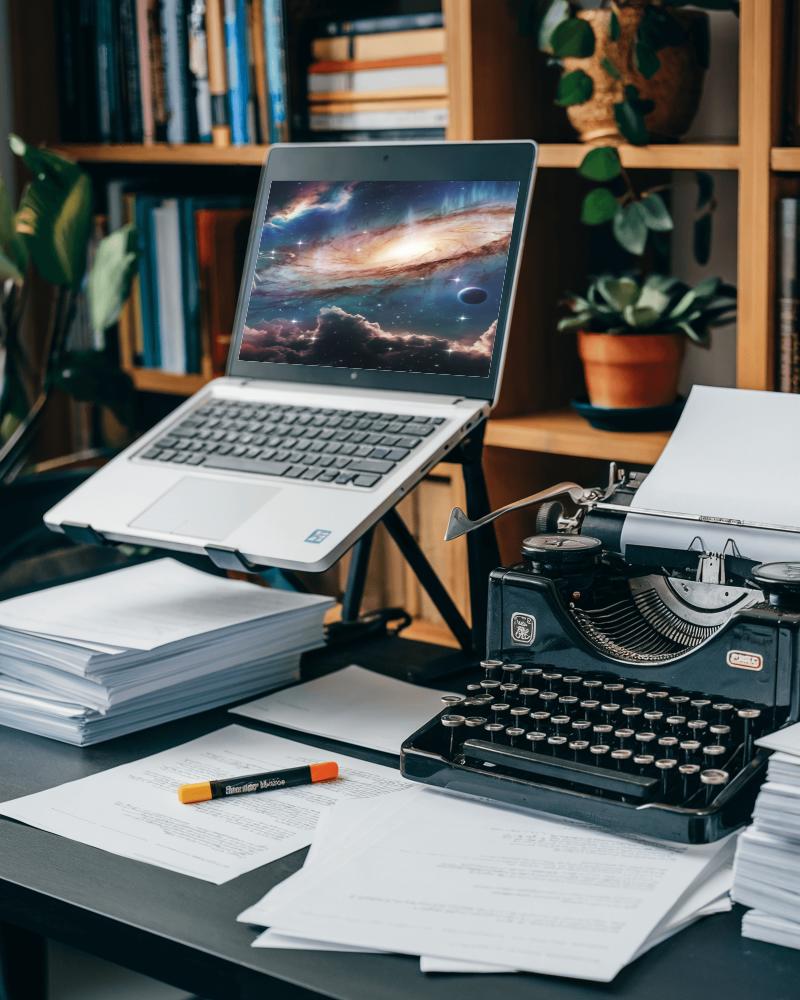 Vintage Typewriter Laptop Modern Vs Classic Workspace Writing Research Books 077