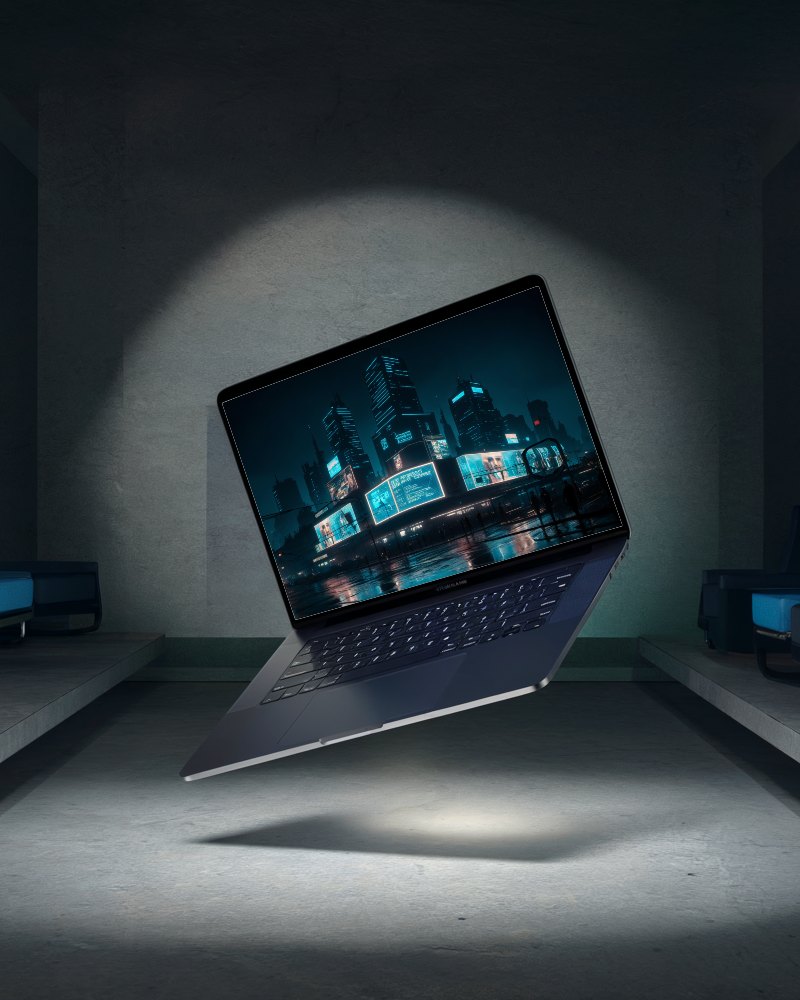 Sci Fi Floating Laptop Mockup Dark Futuristic Room With Spotlight Levitating Device High Tech Ambience 079