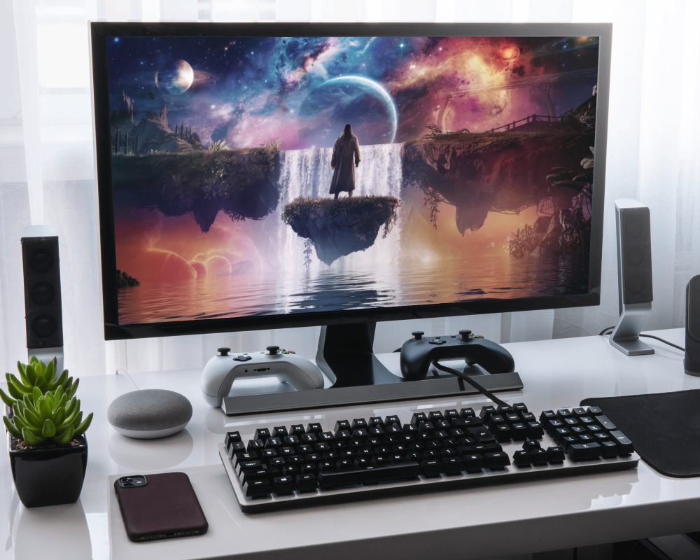 Laptop Mockup On Wooden Table Overlooking Urban View
