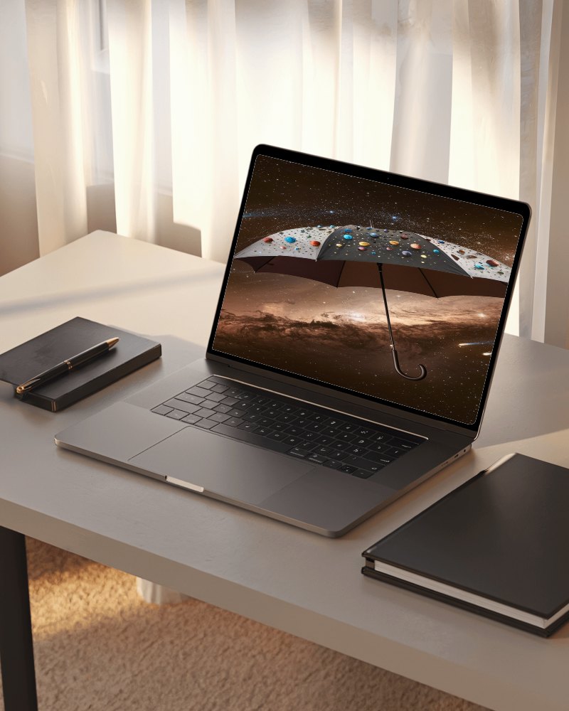 Sunlit Minimalist Laptop Mockup On Elegant Desk With Curtains Soft Lighting And Black Notebooks 081