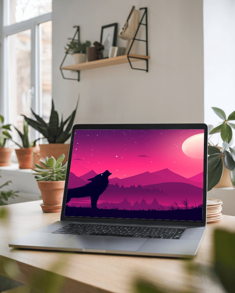 Sunlit Home Office Laptop Mockup Macbook On Wooden Table Surrounded By Greenery Minimalist Interior With Natural Light Cozy And Productive Ambience 084