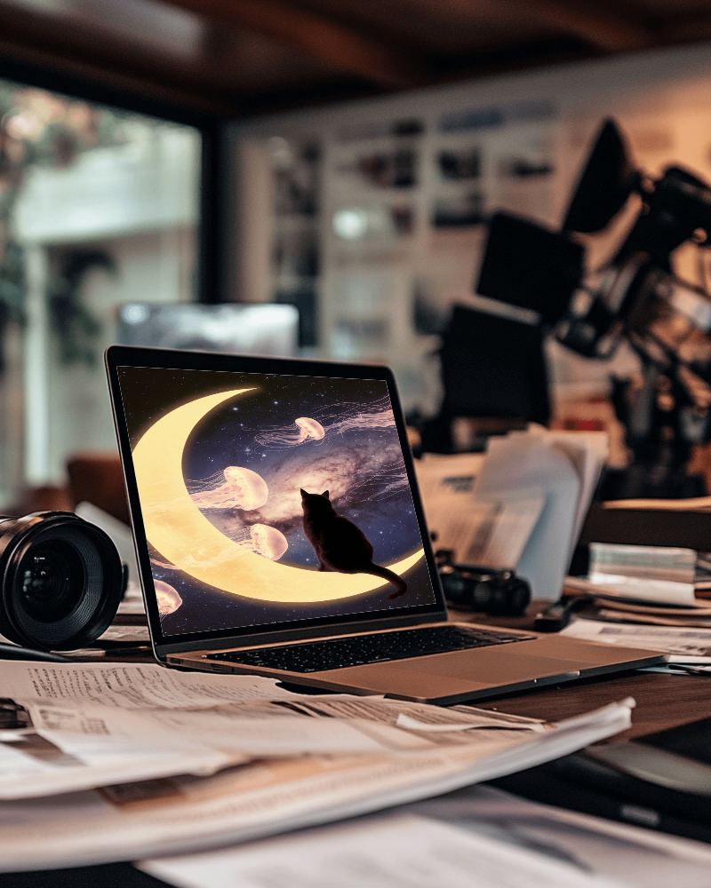 Creative Studio Laptop Mockup Photographer Desk With Camera Lenses And Scattered Documents 089