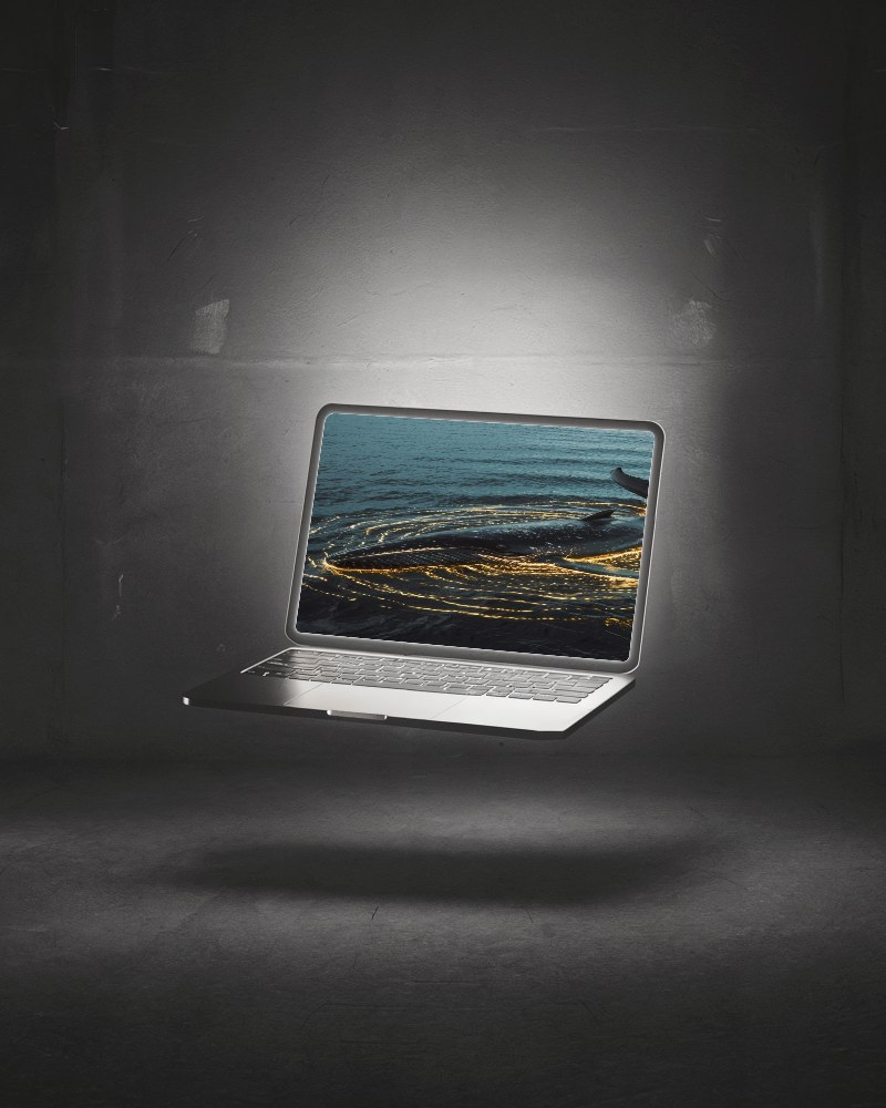 Floating Laptop Mockup Dark Moody Background With Soft Glow And Shadow Elegant And Minimalist Design 091