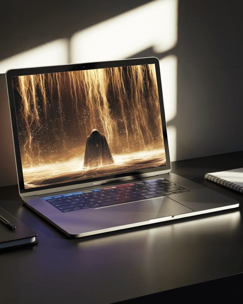 Sunlit Desk Laptop Mockup Moody Lighting With Shadow Play Modern And Professional Workspace 092