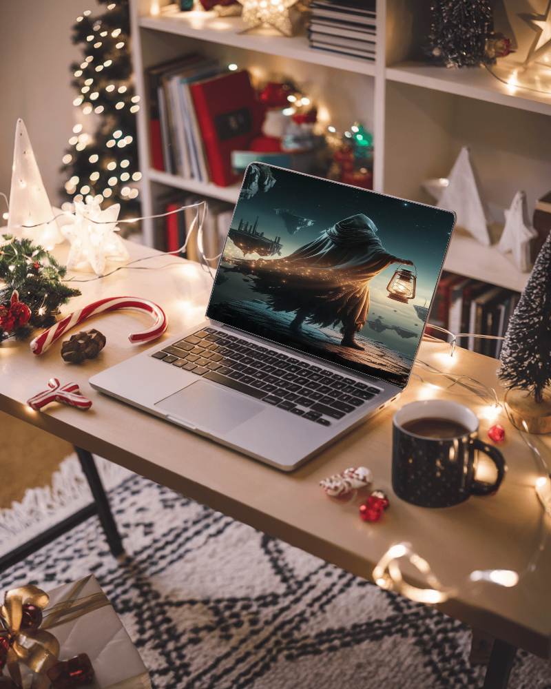 Christmas Cozy Laptop Mockup Festive Holiday Decor With Warm Lights And Hot Coffee Inviting Winter Ambience 093