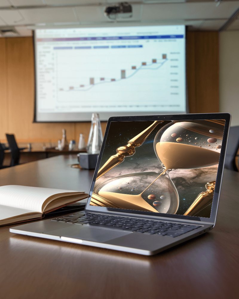 Conference Room Laptop Mockup Business Meeting Setup With Financial Presentation On Screen Professional And Corporate Ambience 094